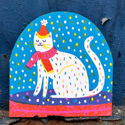 The Printed Peanut Stationery - Große Schneekugel-Karte „Winter Party Cat“