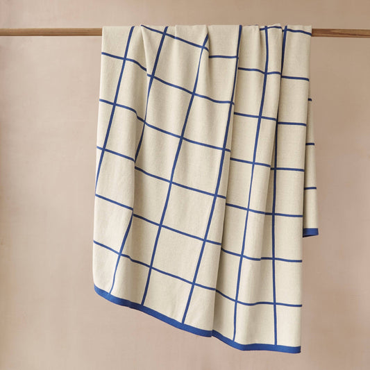 Strickdecke aus Baumwolle, Gitter: Kobaltblau
