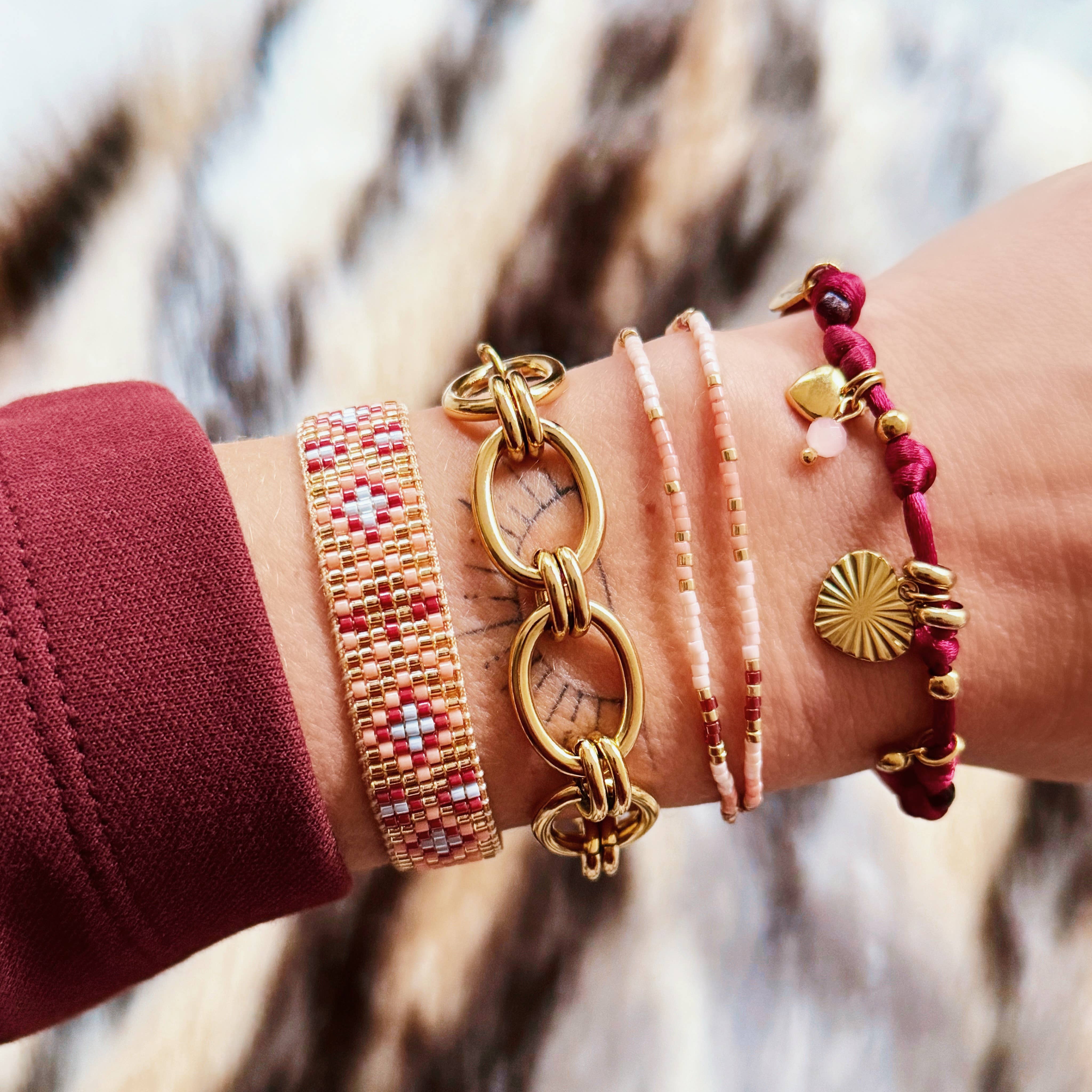 Doppeltes Miyuki-Armband – Pink/Nude/Bordeaux