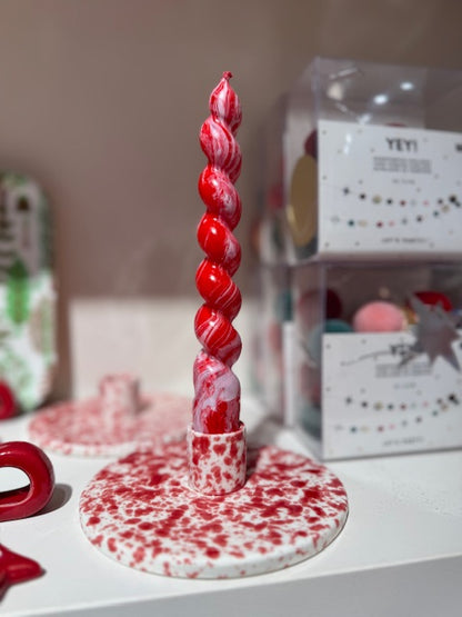 Porzellan Kerzenhalter - rot/weiß gesprenkelt